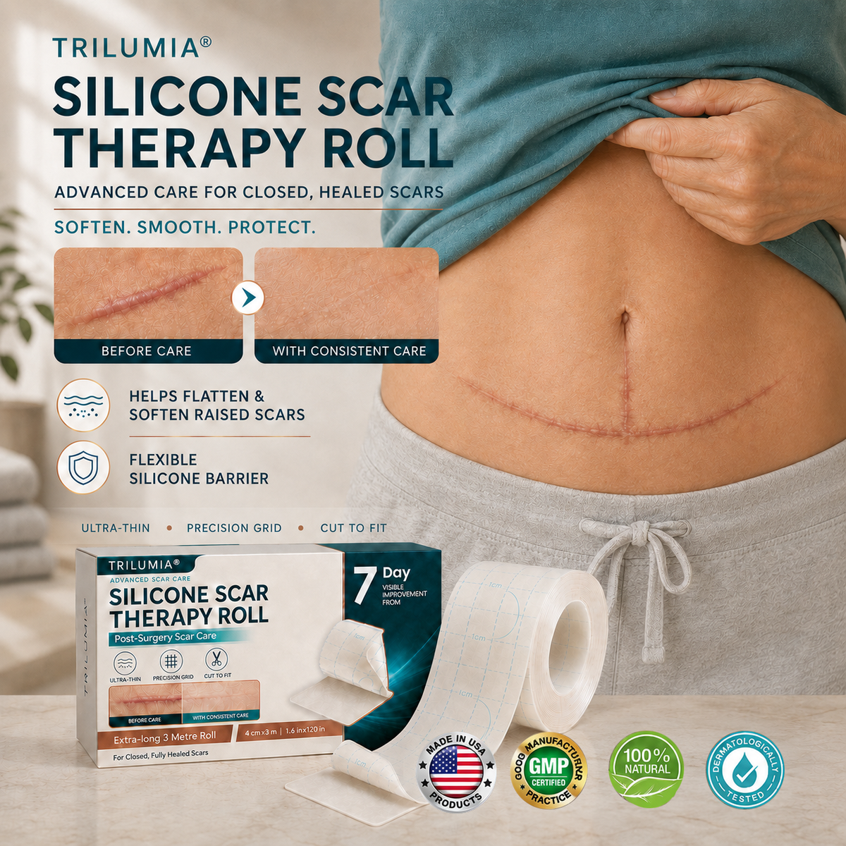 👩‍⚕️🌿TRILUMIA® SILICONE SCAR THERAPY ROLL  Help Soften, Flatten & Improve the Appearance of Raised Scars