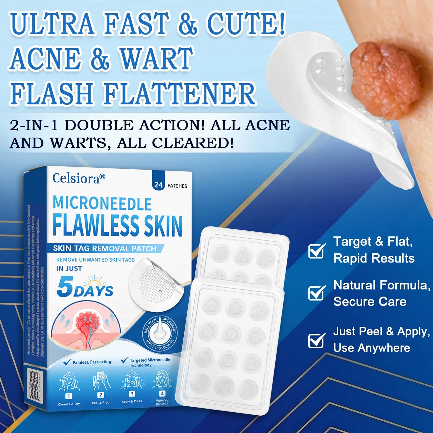 👨‍⚕️🎁Celsiora® 2-in-1 Microneedle & Hydrocolloid Patch | Raised Moles,Acne, Flat Warts & Skin Tags Remover | Improves Wrinkles, Scars & Blemishes | Invisible Pimple Patches for Face & Body | 24 Count